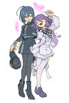  2girls ahoge arm_around_waist black_footwear black_hair black_nails black_pantyhose blush breasts checkered_clothes checkered_scarf closed_eyes danganronpa_(series) danganronpa_v3:_killing_harmony dress evercelle full_body genderswap genderswap_(mtf) hair_between_eyes hat heart highres holding holding_clothes holding_hands holding_hat long_hair looking_at_another multiple_girls nail_polish oma_kokichi one_eye_closed open_mouth pantyhose pinstripe_jacket pinstripe_pattern purple_footwear purple_hair saihara_shuichi scarf short_hair simple_background sketch skindentation skirt smile speech_bubble standing standing_on_one_leg striped teeth thigh_strap thighhighs translation_request upper_teeth_only wavy_hair white_background white_thighhighs yuri 