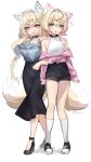  2girls :d :o absurdres animal_ear_fluff animal_ears bandaid_hair_ornament belt_collar black_footwear black_pants black_skirt blonde_hair blue_eyes blue_hair blue_shirt blush braid braided_ponytail breasts cleavage clothing_cutout collar colored_inner_animal_ears crossed_bangs dog_ears dog_girl dog_tail double-parted_bangs dress dress_shirt fake_horns fang flat_chest frilled_sleeves frills fuwawa_abyssgard hair_intakes hair_ornament hairband hairclip hand_on_own_face high_heels highres holding_another&#039;s_arm hololive hololive_english horns kneehighs large_breasts long_hair long_skirt long_sleeves looking_at_viewer mococo_abyssgard multicolored_hair multiple_girls open_clothes open_shirt pants pink_eyes pink_hair pink_hairband pink_shirt shirt shoes short_hair short_shorts shorts siblings sidelocks simple_background sisters skin_fang skirt sleeveless smile sobbi11 socks spiked_hairband spikes streaked_hair tail twins twitter_username two_side_up virtual_youtuber white_background white_shirt x_hair_ornament 