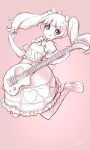  1girl :p aisaki_emiru bow chocokin dress eyelashes guitar hair_bow hair_ornament happy hugtto!_precure instrument jumping long_hair looking_at_viewer music playing_instrument precure puffy_short_sleeves puffy_sleeves short_sleeves signature simple_background sketch smile solo tongue tongue_out twintails 