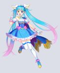 1girl 4b :d bare_shoulders blue_eyes blue_footwear blue_hair blue_skirt commentary_request cure_sky detached_sleeves diagonal_bangs fingerless_gloves frilled_skirt frills fringe_trim full_body gloves gradient_hair grey_background hand_up highres hirogaru_sky!_precure multicolored_hair pink_hair precure puffy_short_sleeves puffy_sleeves shirt shoes short_sleeves simple_background skirt sleeveless sleeveless_shirt smile solo sora_harewataru streaked_hair thighhighs twintails white_gloves white_shirt white_sleeves white_thighhighs 