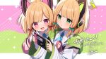  2girls :3 animal_ear_headphones animal_ears aqua_bow blonde_hair blue_archive blue_necktie blush bow cat_ear_headphones commission fake_animal_ears good_twins_day green_eyes green_halo hair_bow halo handheld_game_console hands_up hazakura_chikori headphones highres holding holding_handheld_game_console hood hooded_jacket jacket letterboxed light_green_background long_sleeves looking_at_object low-tied_sidelocks midori_(blue_archive) momoi_(blue_archive) multicolored_clothes multicolored_jacket multiple_girls necktie nintendo_switch open_mouth pink_background pink_eyes pink_halo red_bow shirt short_hair siblings signature sisters skeb_commission sleeves_past_fingers sleeves_past_wrists smile translation_request twins two-tone_background white_shirt wide_sleeves 