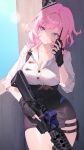  1girl absurdres alternate_costume ar-15 assault_rifle assault_visor black_gloves black_headwear black_skirt blue_eyes breasts buttons cleavage closed_mouth collarbone elysia_(honkai_impact) fingerless_gloves gloves gun highres holding holding_walkie-talkie holding_weapon honkai_(series) honkai_impact_3rd large_breasts lilithmy looking_away pink_hair pointy_ears rifle shirt skirt sky smile solo standing trigger_discipline upper_body walkie-talkie weapon white_shirt 