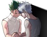  2boys 7hwlfkf aged_up closed_eyes gon_freecss green_hair heads_together highres holding_hands hunter_x_hunter killua_zoldyck male_focus multiple_boys shadow shirt short_hair simple_background sleeveless spiked_hair turtleneck white_background white_hair white_shirt 