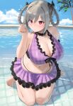  1girl arm_support bikini blue_sky blush braid breasts cleavage closed_mouth cloud cloudy_sky commentary_request day grey_hair hair_between_eyes highres idolmaster idolmaster_cinderella_girls kanzaki_ranko kneeling large_breasts long_hair looking_at_viewer navel no_nose oruka_(kamituki0827) outdoors red_eyes shadow sidelocks signature sky solo swimsuit tree twin_braids water 