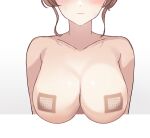  1girl :3 anguss bandaid bandaids_on_nipples blush breasts brown_hair commentary_request cropped_torso facing_viewer head_out_of_frame highres korean_commentary large_breasts nude pasties sidelocks simple_background solo sweat upper_body victory_(waktaverse) virtual_youtuber waktaverse white_background 