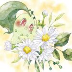  artist_name bud chikorita closed_mouth daisy flower highres leaf no_humans pokemon pokemon_(creature) red_eyes remedy_matome simple_background twitter_username white_flower 
