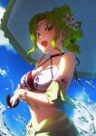  1girl :d aduti_momoyama bikini breasts cleavage commentary fire_emblem fire_emblem:_the_sacred_stones fire_emblem_heroes flower green_eyes green_hair green_sarong hair_flower hair_ornament highres l&#039;arachel_(fire_emblem) l&#039;arachel_(summer)_(fire_emblem) large_breasts looking_at_viewer official_alternate_costume open_mouth parasol sarong see-through_sarong smile swimsuit umbrella white_bikini 