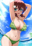  1girl absurdres arms_behind_head arms_up bikini blue_eyes blush breasts brown_hair cleavage day drill_hair emma_verde evildaddy12 flower freckles frilled_bikini frills green_bikini hair_flower hair_ornament highres jewelry large_breasts looking_at_viewer love_live! love_live!_nijigasaki_high_school_idol_club medium_hair navel necklace ocean open_mouth outdoors palm_tree smile solo standing stomach swimsuit tree twin_drills 