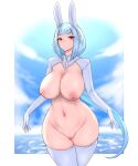  1girl animal_ears blue_hair bottomless breasts cleavage day groin highres kous_(onetwojustice) large_breasts long_hair looking_at_viewer navel nipples no_pussy nude ocean original outdoors rabbit_ears red_eyes sky solo thighhighs very_long_hair water white_thighhighs 