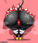  anthro big_butt black_body bodily_fluids bottomwear butt clothing disney female footwear gloves handwear huge_butt minnie_mouse red_background shoes simple_background skirt solo sweat tail thedeathcrow05 thick_thighs thong underwear 