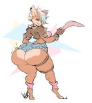  activision anthro bandicoot big_butt blonde_hair blue_highlights boomerang bottom_heavy bottomwear butt clothing crash_bandicoot_(series) crop_top cropped_jacket dullvivid ear_piercing ear_ring fangs female fingerless_gloves gloves hair half-closed_eyes handwear hi_res highlights_(coloring) hotpants huge_butt leg_warmers legwear looking_back mammal marsupial narrowed_eyes pants pear-shaped_figure piercing pink_highlights ring_piercing shirt shorts simple_background smile smirk smug smug_face smug_grin solo tawna_bandicoot teeth thick_thighs tiptoes topwear torn_bottomwear torn_clothing torn_pants wide_hips 