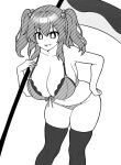  1girl :d bikini breasts bright_pupils cleavage commentary greyscale hair_bobbles hair_ornament high_contrast holding holding_scythe huge_breasts medium_breasts monochrome navel onkn_sxkn onozuka_komachi open_mouth scythe sidelocks simple_background smile solo swimsuit thighhighs touhou 