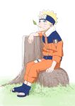  1boy blonde_hair blue_eyes commentary_request ebata_kyouhei facial_mark forehead_protector full_body grass highres konohagakure_symbol leaf male_focus mouth_hold naruto naruto_(series) sitting sitting_on_tree_stump solo toeless_footwear tree_stump uzumaki_naruto whisker_markings 