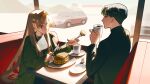  1boy 1girl black_hair brown_hair car cup eating food fork highres holding holding_cup holding_fork holding_knife indoors knife long_hair long_sleeves motor_vehicle original pancake pancake_stack plate profile red_eyes restaurant shadow short_hair very_long_hair window yomiya_sateko 