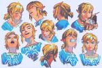  5_fingers blue_clothing blue_eyes breath_of_the_wild clothed clothing ear_piercing ear_ring eating eating_food eyebrows fingers hair holding_object humanoid humanoid_pointy_ears hylian link male nintendo not_furry open_mouth open_smile piercing ring_piercing smile solo the_legend_of_zelda uzucake 