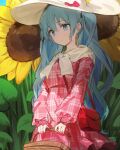  1girl absurdres bag basket blue_eyes blue_hair bow closed_mouth cowboy_shot dress flower handbag hat hat_bow hatsune_miku highres holding holding_basket light_blue_hair long_hair long_sleeves looking_at_viewer mihoranran outdoors pink_bow pink_dress plaid plaid_dress puffy_long_sleeves puffy_sleeves red_bag scarf solo standing sun_hat sunflower twintails vocaloid white_headwear white_scarf 