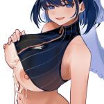  1girl after_paizuri bare_shoulders blue_eyes blue_hair breasts clothes_lift crop_top cum cum_on_body cum_on_breasts cum_string dismassd highres hololive hololive_english large_breasts lifted_by_self looking_at_viewer navel nipples open_mouth ouro_kronii ouro_kronii_(1st_costume) short_hair simple_background smile solo upper_body virtual_youtuber white_background zipper 