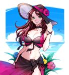  1girl bikini black_choker black_hair blue_sky brown_eyes brown_hair choker cloud collar dorothea_arnault_(summer) english_commentary fire_emblem fire_emblem:_three_houses fire_emblem_heroes flower hat holding holding_clothes holding_hat long_hair navel ocean official_alternate_costume sarong silvercandy_gum sky smile solo sun_hat swimsuit wrist_straps 