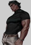  1boy arm_hair bara broad_shoulders dark-skinned_male dark_skin feet_out_of_frame frown hair_slicked_back highres large_pectorals looking_ahead male_focus marvel mature_male miguel_o&#039;hara muscular muscular_male pectorals shirt short_hair sideburns solo spider-man:_across_the_spider-verse spider-man_(series) thick_eyebrows thick_lips tight_clothes tight_shirt 