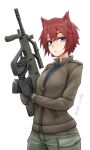  1girl absurdres animal_ears assault_rifle black_gloves blue_eyes brown_jacket bullpup cat_ears cat_girl gloves green_pants gun highres jacket nikoro original pants red_hair reloading rifle steyr_aug weapon zap-nik 