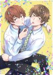  2boys black_pants brown_eyes brown_hair confetti doko_dokosan food green_eyes green_necktie highres long_sleeves male_focus mouth_hold multiple_boys necktie pants pocky ryman&#039;s_club saeki_touya shirt sitting takeda_kouki white_shirt yellow_background 