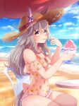  1girl artist_name beach blue_eyes breasts chair cleavage cloud collarbone commentary_request ear_covers eating food hair_between_eyes hair_ornament hat highres horse_girl lens_flare looking_at_viewer multicolored_hair ocean one-piece_swimsuit partial_commentary shaved_ice single_ear_cover small_breasts solo straw_hat streaked_hair sun_hat swimsuit table thick_eyebrows thighs umamusume umbrella utada_kuero white_hair wonder_acute_(umamusume) 