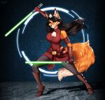  2023 action_pose ahsoka_tano anthro armband belt black_hair black_nose boots breasts canid canine choker clothing cosplay cynthia_saito dipstick_ears dipstick_tail dual_wielding ear_piercing eyebrows eyelashes facial_markings female footwear fox fur gloves green_lightsaber hair handwear head_markings hi_res holding_object holding_weapon inner_ear_fluff jewelry lightsaber long_hair looking_at_viewer mammal markings melee_weapon multicolored_ears necklace orange_body orange_fur piercing pose red_clothing solo star_wars tail tail_markings tan_body tan_fur tuft weapon yellow_eyes zhadart 