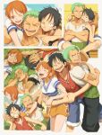  1girl 2boys bare_shoulders black_eyes black_hair black_pants blue_shorts blue_sky bracelet breasts buttons cheek_poking closed_eyes cloud cloudy_sky collarbone commentary crossed_arms earrings gold_earrings grass green_hair happy hat headwear_removed highres jewelry lying medium_breasts monkey_d._luffy multiple_boys multiple_views nami_(one_piece) oekakiboya on_back one_eye_closed one_piece open_mouth orange_eyes orange_hair pants poking red_shirt roronoa_zoro sandals scar scar_on_cheek scar_on_face shirt short_hair short_sleeves shorts single_sidelock skirt sky sleeping sleeveless sleeveless_shirt smile straw_hat straw_hat_pirates symbol-only_commentary white_shirt yellow_skirt 