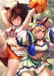  alternate_costume animal_ears armpits arms_up bike_shorts blush breasts brown_eyes brown_hair cheerleader cleavage hair_between_eyes hair_ornament highres horse_ears horse_girl hoshikuzu_kizuna_(kizuna_stardust) looking_at_viewer matikane_tannhauser_(blue_turbulence)_(umamusume) matikane_tannhauser_(umamusume) medium_breasts medium_hair midriff navel nice_nature_(run&amp;win)_(umamusume) nice_nature_(umamusume) one_eye_closed open_mouth pom_pom_(cheerleading) ribbon skirt umamusume 