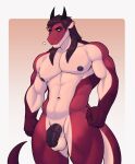  abs ajdrawsnice anthro axl_(ajdrawsnice) balls dragon flaccid genitals hair hi_res horn long_hair looking_away male muscular muscular_male pecs penis scales sigh simple_background solo 
