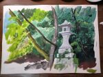  bush highres jungle leaf moss nature no_humans original painting_(medium) photo_(medium) plant scenery stone_lantern tetsugbl14 traditional_media tree vines 