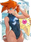  1girl arm_up blue_eyes blue_one-piece_swimsuit border breasts closed_mouth cloud commentary_request covered_navel cowboy_shot day groin highleg highleg_swimsuit highres holding holding_poke_ball light_blush looking_at_viewer misty_(pokemon) ocean one-piece_swimsuit orange_hair outdoors outside_border poke_ball poke_ball_(basic) pokemon pokemon_(creature) poritive short_hair small_breasts smile staryu swimsuit water water_drop wet white_border 
