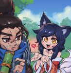  1boy 1girl :d ahri_(league_of_legends) animal_ears bamboo bare_shoulders black_hair brown_eyes brown_hair cloud collarbone day facial_mark fang fox_ears fox_girl fox_tail hand_up heart kumiho league_of_legends long_hair looking_at_another off_shoulder orange_eyes outdoors phantom_ix_row ponytail scar scar_on_face scar_on_nose slit_pupils smile tail teeth tree upper_teeth_only whisker_markings yasuo_(league_of_legends) 