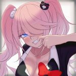  1girl bear_hair_ornament black_shirt blonde_hair blue_eyes bow breasts cleavage collarbone danganronpa:_trigger_happy_havoc danganronpa_(series) enoshima_junko finger_in_own_mouth grin hair_ornament hair_over_one_eye hand_up highres kana_(4276zero) large_breasts multicolored_hair pink_hair red_bow shirt smile solo swept_bangs teeth twintails two-tone_hair white_shirt 