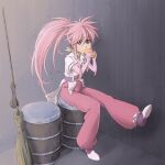  1girl arche_klein barrel belt broom eating elbow_gloves food full_body gloves highres kaien_advance long_hair looking_at_viewer pants pink_eyes pink_hair pink_pants ponytail solo tales_of_(series) tales_of_phantasia wide_ponytail 
