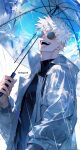  1boy artist_name blue_sky blush closed_eyes cloud coat deltapork gojou_satoru hair_between_eyes highres holding holding_umbrella jujutsu_kaisen male_focus open_mouth rain short_hair signature simple_background sky smile solo spiked_hair standing umbrella upper_body white_hair 