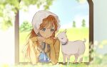  1girl animal blue_eyes blurry blurry_foreground blush bonnet brown_hair day elbow_rest goat head_rest long_hair long_sleeves original outdoors own_hands_together ribbon sakunagita sleeves_past_wrists smile solo tree window 