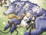  artist_name black_hair blonde_hair boots bug butterfly cape chain closed_eyes drooling fate/grand_order fate_(series) grass hair_rings hessian_(fate) highres kon_(fate) lobo_(fate) lying_on_animal on_grass rakikoko scarf sleeping taisui_xingjun_(fate) voyager_(fate) 