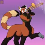  1:1 ailurid ailurid_taur black_hair bottomless brass_instrument breasts clothed clothing eyes_closed female foxenawolf fur gloves_(marking) gradient_background hair hybrid mammal mammal_taur markings musical_instrument orange_body orange_fur red_panda red_panda_taur ring_(marking) ringtail shirt simple_background solo tail tail_markings tank_top taur topwear trombone tusks wind_instrument 