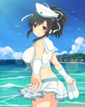  1girl absurdres alternate_costume animal ass asuka_(senran_kagura) beach bikini bird black_hair blue_sky blush bra breasts brown_eyes cliff clothes_lift day hair_ribbon hat highres holding holding_shoes horizon large_breasts looking_at_viewer median_furrow multicolored_bikini multicolored_clothes multicolored_stripes ocean official_art outdoors panties ponytail rainbow_bikini reaching reaching_towards_viewer ribbon sand school_uniform seagull see-through senran_kagura senran_kagura_new_wave senran_kagura_shoujo-tachi_no_shin&#039;ei serafuku shirt shoes short_ponytail skirt skirt_lift sky smile solo striped striped_bikini swimsuit underwear water waves wet wet_clothes wet_shirt wet_skirt white_ribbon white_serafuku yaegashi_nan 