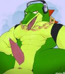  animal_genitalia anthro anus belly_scales chain_necklace crocodile crocodilian crocodylid erection exsys genital_slit genitals green_body green_scales headphones jewelry leaning leaning_back looking_at_viewer male muscular muscular_anthro muscular_male necklace open_mouth penis reptile scales scalie sega slit solo sonic_the_hedgehog_(series) tapering_penis tongue tongue_out vector_the_crocodile 