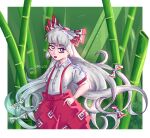  1girl bamboo bamboo_forest forest fujiwara_no_mokou highres karebu52 long_hair nature pants red_eyes red_pants solo suspenders touhou very_long_hair 