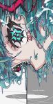  1girl absurdres aqua_eyes aqua_hair close-up commentary_request covered_mouth dripping english_text eye_focus facial_tattoo facing_down film_grain from_side glowing glowing_eyes grey_background hair_ornament hatsune_miku highres kobacha_(ochakoba) liquid_hair looking_at_viewer looking_to_the_side number_tattoo solo song_name split_theme tattoo two-tone_background ura-omote_lovers_(vocaloid) vocaloid white_background wide-eyed 