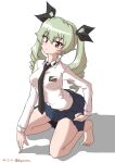  1girl absurdres anchovy_(girls_und_panzer) anzio_school_uniform arched_back bare_legs barefoot belt black_belt black_necktie black_ribbon black_skirt closed_mouth commentary_request dated dress_shirt drill_hair drops_mint emblem girls_und_panzer green_hair hair_ribbon hand_on_own_hip highres kneeling light_frown long_hair long_sleeves looking_at_viewer miniskirt necktie no_cape partial_commentary pleated_skirt red_eyes ribbon school_uniform shadow shirt simple_background skirt solo twin_drills twintails twitter_username underwear white_background white_shirt wing_collar 