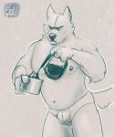  2020 5:6 anthro beverage briefs bulge canid canine clothed clothing coffee coffee_pot digital_media_(artwork) frown holding_mug holding_object male mammal monochrome mug nipples portrait pouring simple_background solo standing tail tawa three-quarter_portrait tighty_whities topless underwear underwear_only white_briefs white_clothing white_underwear 