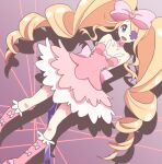  1girl arms_behind_back blonde_hair blue_eyes bow collarbone dress drill_hair eyepatch hair_bow harime_nui huge_bow kill_la_kill life_fiber long_hair migime1 open_mouth pink_bow pink_footwear scissor_blade_(kill_la_kill) solo strapless strapless_dress twin_drills twintails 