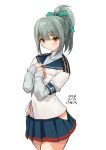  1girl akashi_(kancolle) akashi_(kancolle)_(cosplay) artist_name blue_ribbon blue_sailor_collar blue_skirt brown_eyes cosplay dated epaulettes grey_hair highres hip_vent kantai_collection long_hair looking_at_viewer one-hour_drawing_challenge owa_(ishtail) ponytail ribbon sailor_collar school_uniform serafuku simple_background skirt solo white_background yuubari_(kancolle) 