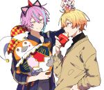  2boys animal_ears aqua_hair asymmetrical_bangs blonde_hair closed_mouth earrings fake_animal_ears gradient_hair highres holding holding_stuffed_toy hoshi-toge jewelry kamishiro_rui long_sleeves male_focus multicolored_hair multiple_boys orange_eyes orange_hair phenny_(project_sekai) project_sekai purple_hair short_hair star_(symbol) streaked_hair stuffed_toy tenma_tsukasa upper_body white_background yellow_eyes 