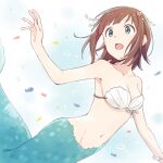  1girl air_bubble amami_haruka arm_up bare_shoulders bikini bikini_top_only breasts brown_hair bubble cleavage collarbone demirinz fish green_eyes hair_ornament idolmaster idolmaster_(classic) idolmaster_million_live! idolmaster_million_live!_theater_days looking_at_another medium_breasts mermaid monster_girl navel open_hand open_mouth shell shell_bikini short_hair solo star_(symbol) star_hair_ornament submerged swimsuit water white_bracelet 