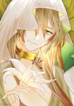 1boy absurdres androgynous blonde_hair closed_mouth cosplay flower green_eyes hair_between_eyes highres holding holding_flower honkai:_star_rail honkai_(series) long_hair luocha_(honkai:_star_rail) male_focus saquis smile solo upper_body veil white_flower yaoshi_(honkai:_star_rail) yaoshi_(honkai:_star_rail)_(cosplay) 